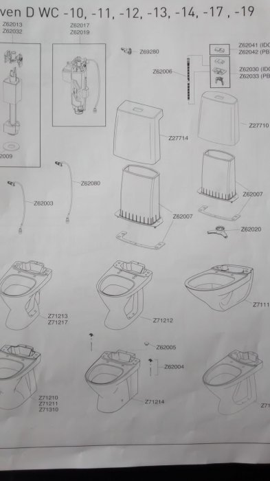 Exploded view diagram av IDO Seven D toalettstol med komponentlistning och artikelnummer.