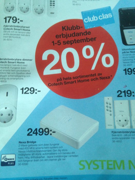 Reklamblad för smarta hem-produkter med en 20% rabatterbjudande och prisinformation.