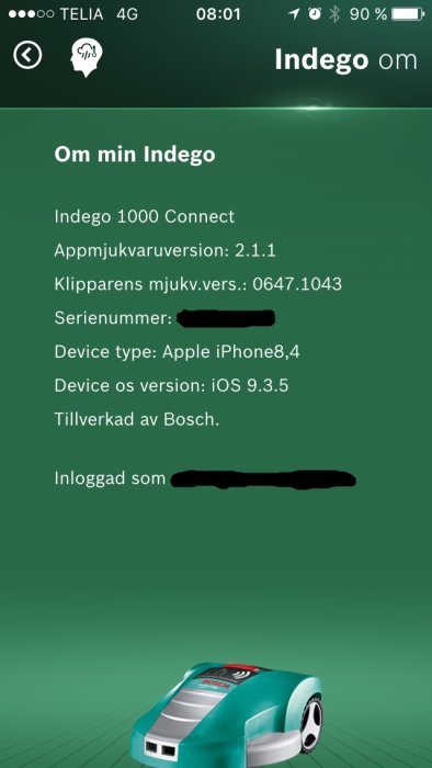 Skärmdump av Indego-app som visar mjukvaruversion och inställningar för robotgräsklippare.