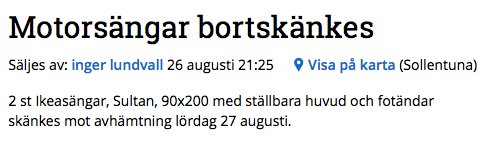 Annons om bortskänkning av två motorsängar, Soltuna modell, mot avhämtning.