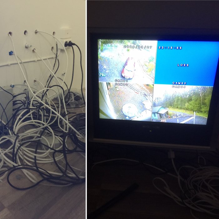 Oorganiserade kablar på golv och en gammal TV som visar övervakningskamerabilder.