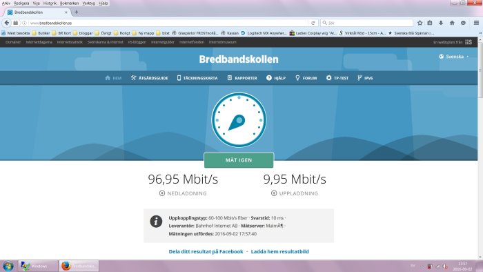 Skärmdump av bredbandsmätning visar nedladdningshastighet 96,95 Mbit/s och uppladdningshastighet 9,95 Mbit/s.