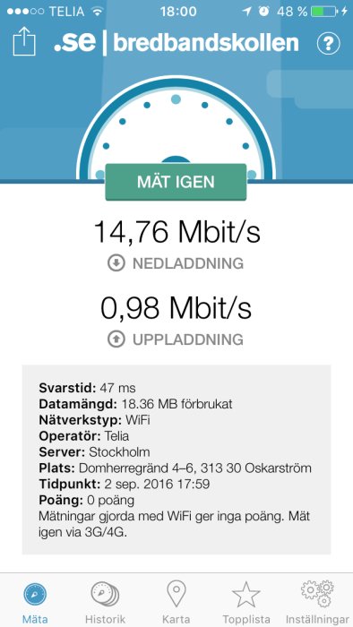 Skärmdump som visar hastighetstestresultat för bredband, 14,76 Mbit/s nedladdning och 0,98 Mbit/s uppladdning via Wi-Fi.