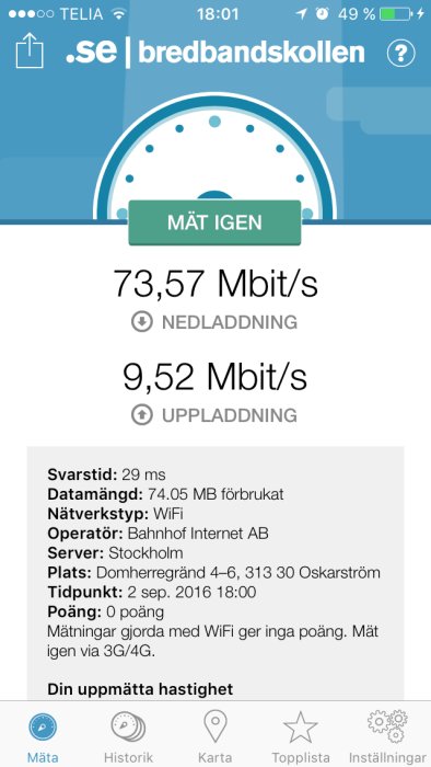 Skärmavbild av bredbandskollen resultat med 73,57 Mbit/s nedladdning och 9,52 Mbit/s uppladdning.