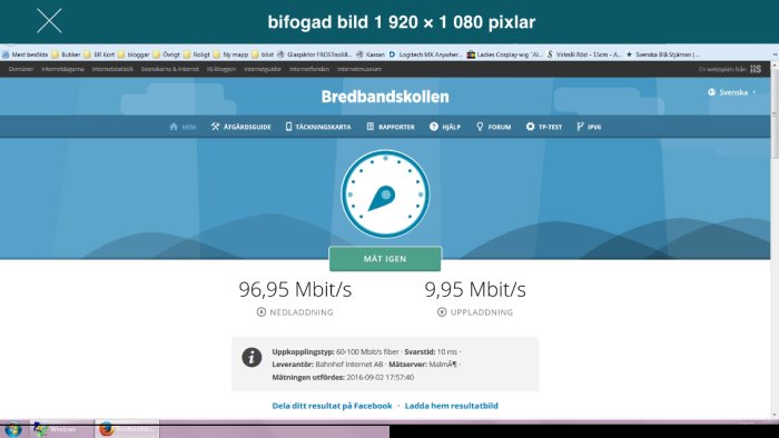 Skärmavbild av Bredbandskollen med hastighetstest resultat 96,95 Mbit/s nedladdning och 9,95 Mbit/s uppladdning.