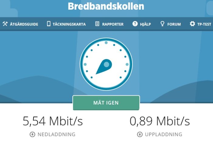 Skärmdump av bredbandsprestanda med hastigheter 5,54 Mbit/s nerladdning och 0,89 Mbit/s uppladdning från Bredbandskollen.