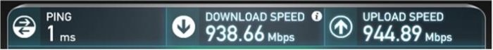 Internet hastighetstest resultat som visar 1 ms ping, 938.66 Mbps nedladdning och 944.89 Mbps uppladdning.