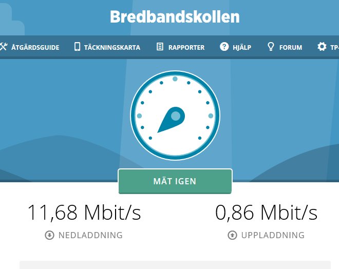 Skärmavbild av bredbandsmätning med nedladdningshastighet på 11,68 Mbit/s och uppladdningshastighet på 0,86 Mbit/s.