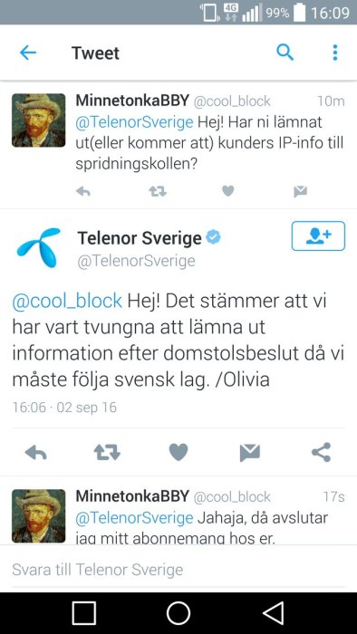Skärmavbild av en Twitter-konversation mellan en användare och Telenor Sverige om kunddata och lagar.