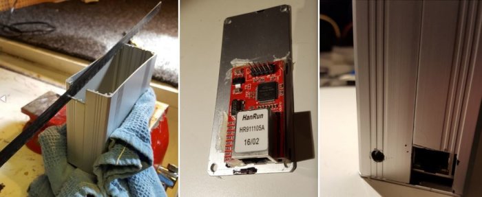 Sågning av hål för ethernet i metallhölje, monterad ethernetmodul på bottenplattan, hål för USB-sladd i aluminiumhölje