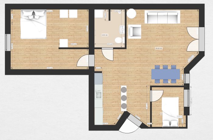 Planritning av en tom lägenhet på 76 m2 med rumsmått, utan kök och badrum, avsedd för renovering och omplanering.