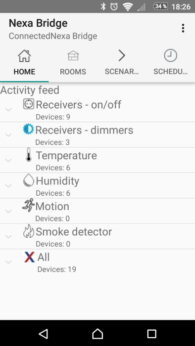 Skärmbild av Nexa Bridge-appen som visar olika enheters status som "Receivers", "Temperature" och "Humidity".