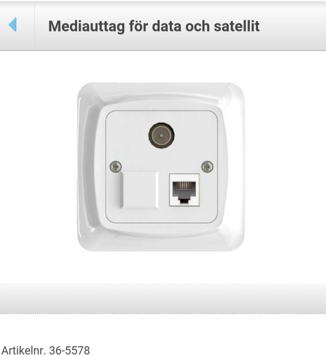 Kombinerat nätverks- och paraboluttag med en koaxialkabelkontakt och RJ45-port på vit bakgrund.