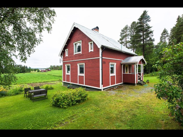 Ett traditionellt rött hus med vita knutar från 1912 i en lantlig miljö med gräsmatta och träd.