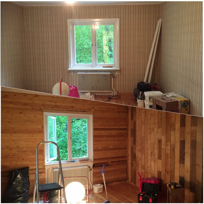 Före och efter bilder av ett renoveringsprojekt med nedrivet treetex och grovslipat golv i ett rum.