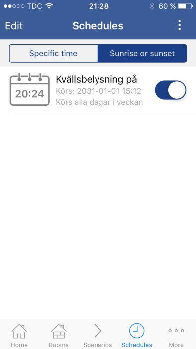 Skärmdump av automatiserad schemaläggning i app med felet "Kvällsbelysning på 2031-01-01 15:12".