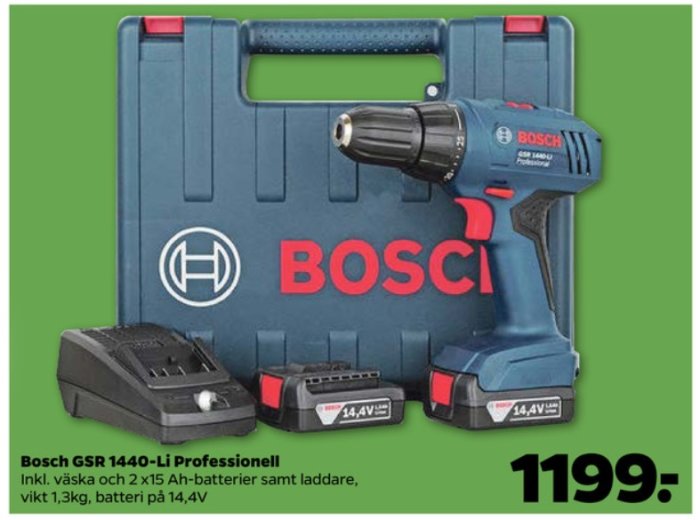 Bosch GSR 1440-Li Professionell borrskruvdragare i blått med batterier och laddare i en låda, erbjudandepris 1199 kr.