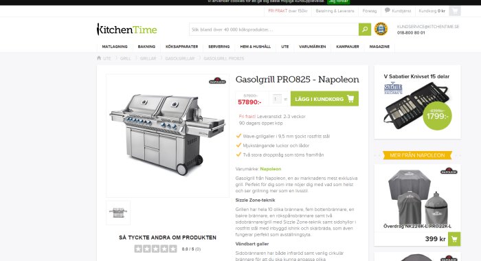 Närbild av en stor Napoleon gasolgrill hos KitchenTime med priset 57,890 SEK, nedsatt från 57,900 SEK.