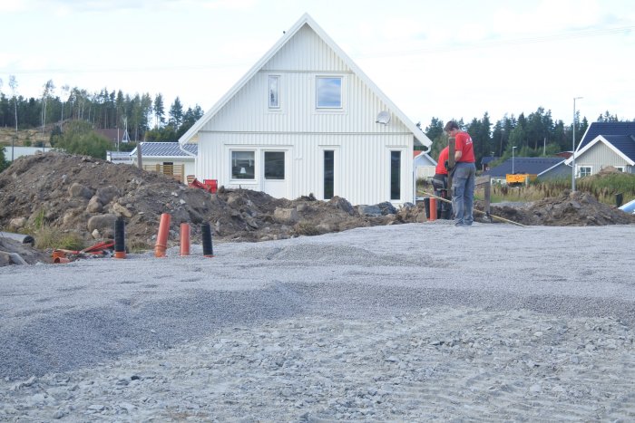 Byggarbetsplats med ett nästan färdigt hus i bakgrunden och arbetare som förbereder grunden framför.