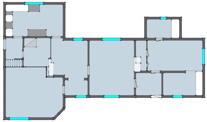 Planritning av historiskt hus med markeringar för tillbyggnader och strukturella förändringar.