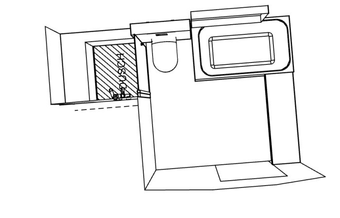 Schematisk ritning av ett badrum med duschnisch, toalett och möjlig avloppsföring.