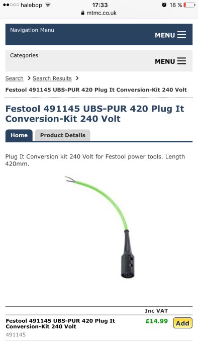 Festool Plug It omvandlingssats visade på en webbplats, med grönt kabel och kontaktändar.