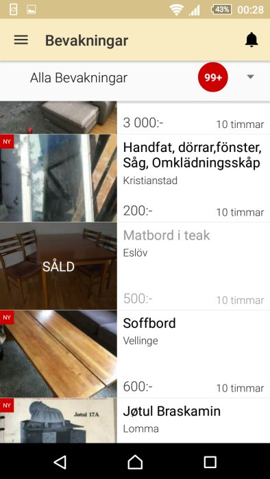 Skärmbild av online annonser med soffbord och andra föremål, samt en notis om "SÅLD" på matbord.