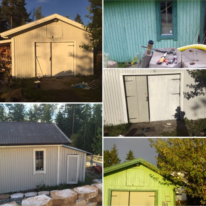 Fyra bilder i kollage visar omålade och nymålade delar av ett garage och husgavel i olika skeden.