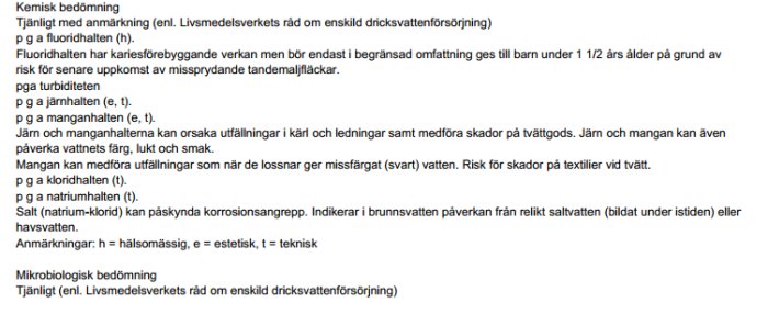Textdokument med resultat från vattenanalys som indikerar acceptabla nivåer av salthalt och föreslår filterlösning.