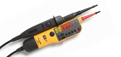 Fluke T110 spänningsprovare med svart och röd testspets mot vit bakgrund.