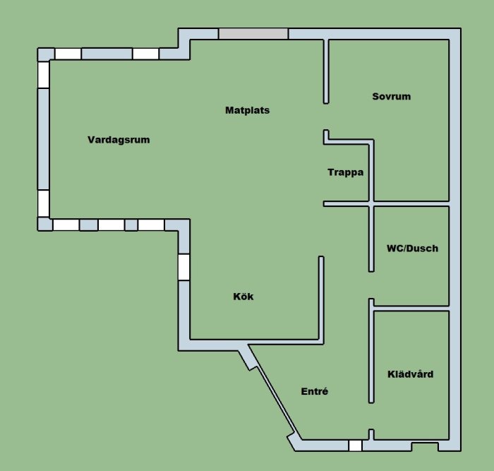 Konceptuell planlösning av en 1.5-plansvilla med markerade rum såsom vardagsrum, kök, och sovrum.