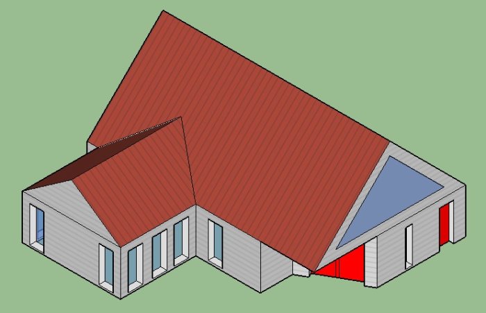 3D-ritning av ett ovanligt format hus med röda tak och ryggåstak på utbyggnaden.