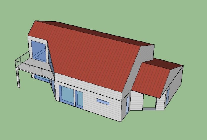 3D-modell av en 1,5-plans villa med utbyggnad och rött sadeltak, konceptuell planlösning.