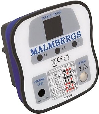 Malmbergs eluttagstestare, kontrollerar jordning, säkring, läckström med indikatorer och tryckknapp. CE-märkt.