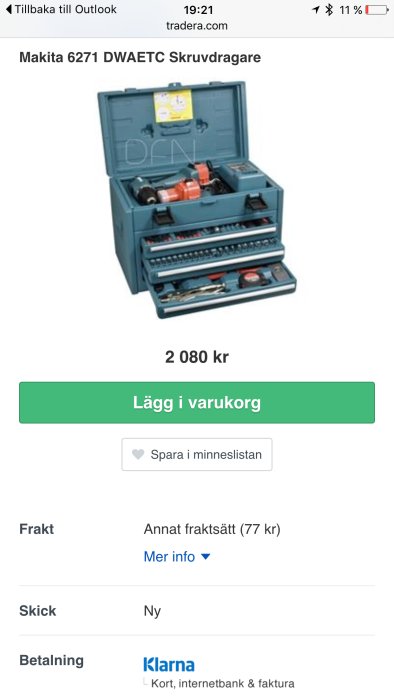 Makita 6271 DWAETC skruvdragare i väska med tillbehör, skärmvisning av en online försäljningsannons.