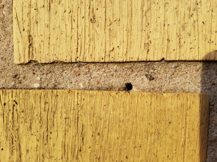 Skadad tegelvägg med vittrad fog och insektsbo, synliga små runda hål mellan träpanel och tegel.
