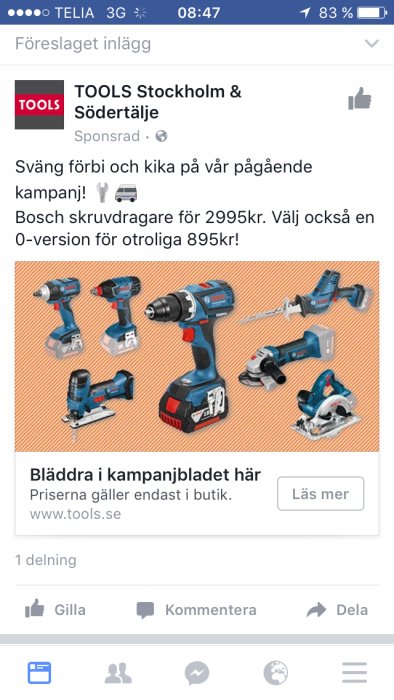 Bosch elverktyg inklusive skruvdragare och cirkelsåg på kampanjannons.