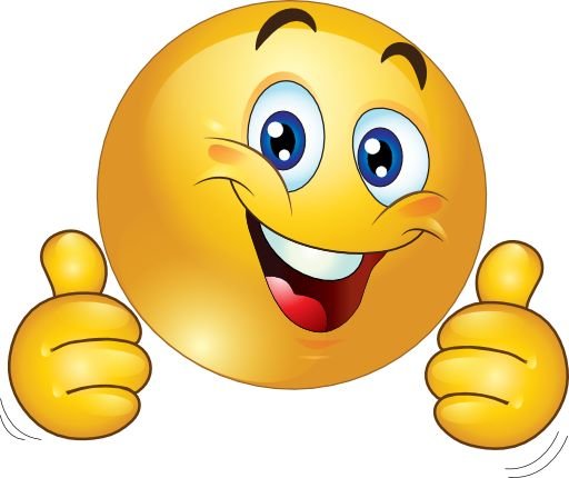 Gul glad emoji med stora ögon, öppen mun och två tummar upp.