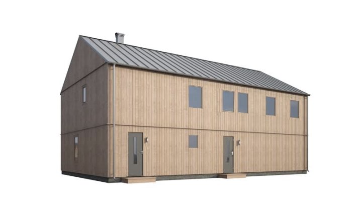 Digital illustration av en modern tvåplansvilla med träfasad och plåttak som planeras i Nyköping.