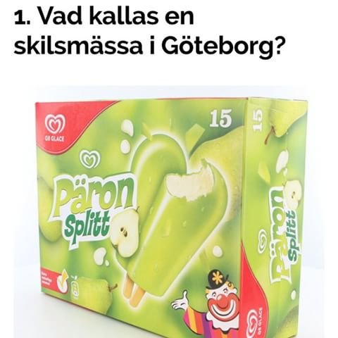 Förpackning av Päron Split glass med textfråga: "Vad kallas en skilsmässa i Göteborg?