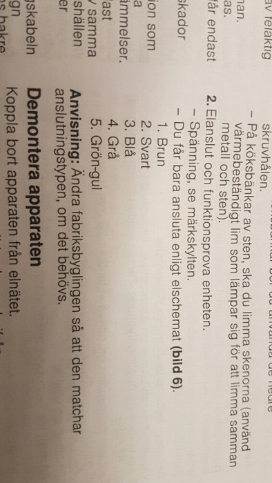 Instruktionsmanual för elanslutning med text som beskriver steg för att ansluta en apparat, hänvisning till bild nr 6.