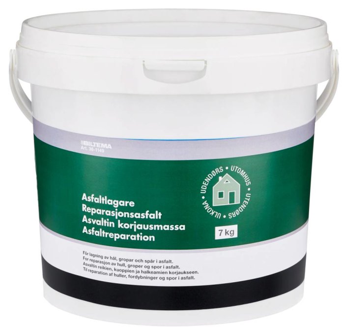 Hink med asfaltlagning för reparation av hål och sprickor i asfalt, märkt 7 kg.