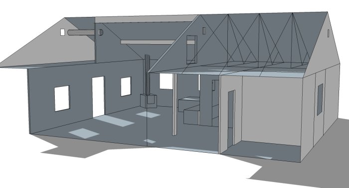 Arkitektonisk skiss av ett hus visat från två vinklar med delvis borttaget tak och vägg, highlighting luftspalt och isolering.