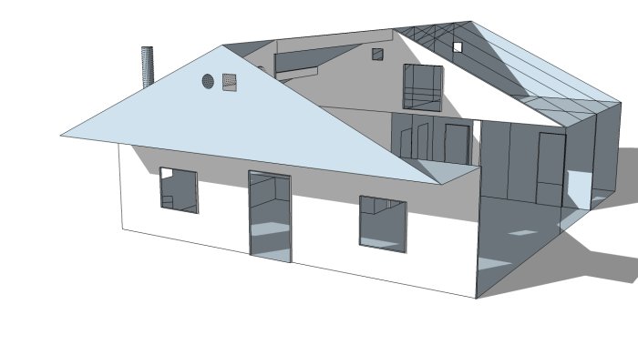 Ritning av ett hus med borttaget tak och vägg som visar interiören och allrummet med fuktfläckar.