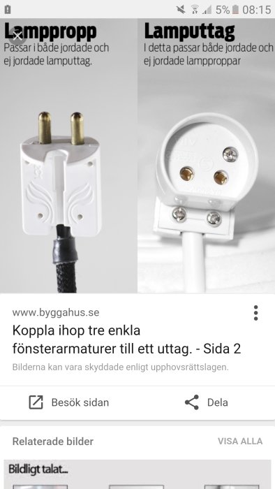 En lamppropp till vänster och ett lamputtag till höger, båda anpassade för jordade och ej jordade kontakter.