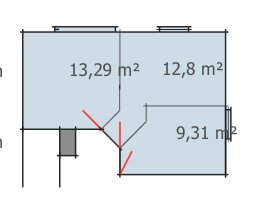 Planlösningsskiss med tre sovrum på 13,29 m², 12,8 m², och 9,31 m² samt indikerade dörröppningar.