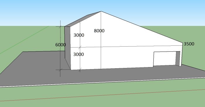 3D-modell av byggnadsförslag med måttangivelser, behöver sänkas till 3.3m enligt bygglovskontor.