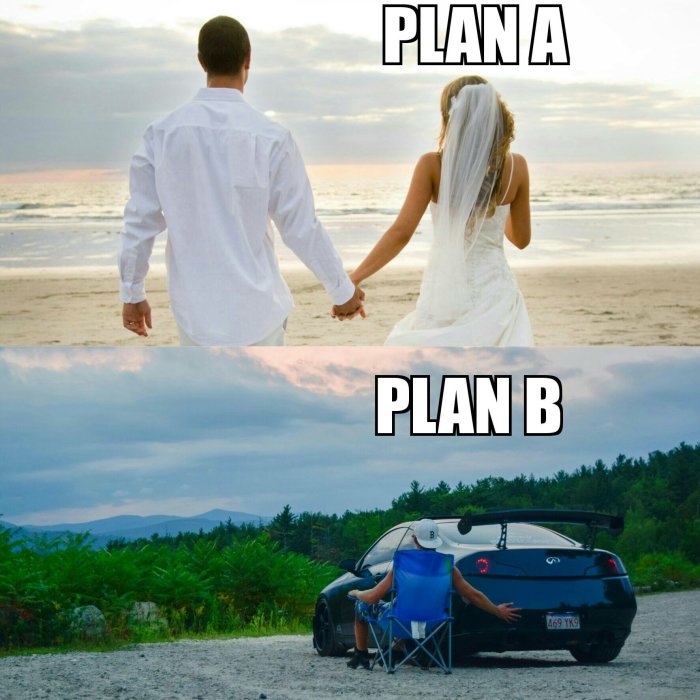 Brudpar som går hand i hand på stranden för "PLAN A" och en person som vilar vid bil i naturen för "PLAN B".