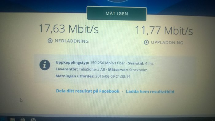 Skärmbild av internetanslutningens hastighetstest med låga resultaten 17,63 Mbit/s nedladdning och 11,77 Mbit/s uppladdning.