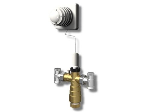 LK Minikretsventil M5 för vattenburen golvvärme, visar termostat, koppling och ventilenhet.
